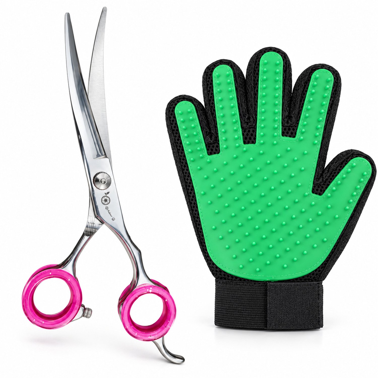 Professor Q Hondentrimset - Omhoog Gebogen Trimschaar 7,5 inch Roze - Vachthandschoen Groen - 2-delig