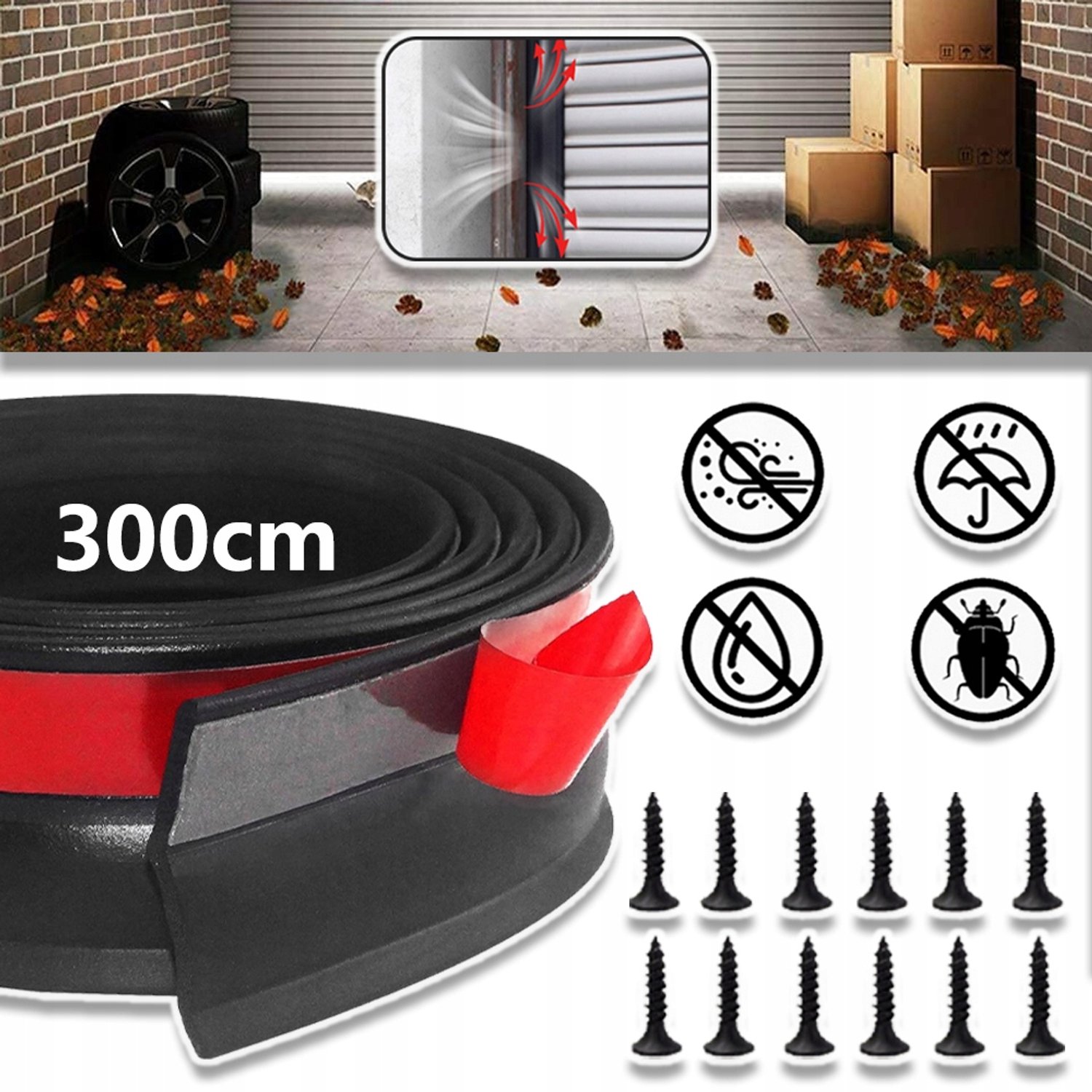 Garagedeur Tochtstrip 3 Meter - EPDM Rubber Sealing Strip voor Deur & Raam - Bestand tegen Weer Stof Kou Vocht - Zelfklevend met Schroefbevestiging - Duurzaam Energiebesparend