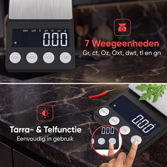 Kitchenwell digitale mini precisie keukenweegschaal - 0,01 tot 200 gram - 14.2 x 7.5 cm - pocket scale op batterij - weegschaal keuken — cadeau in Kookcadeaus - foto 5