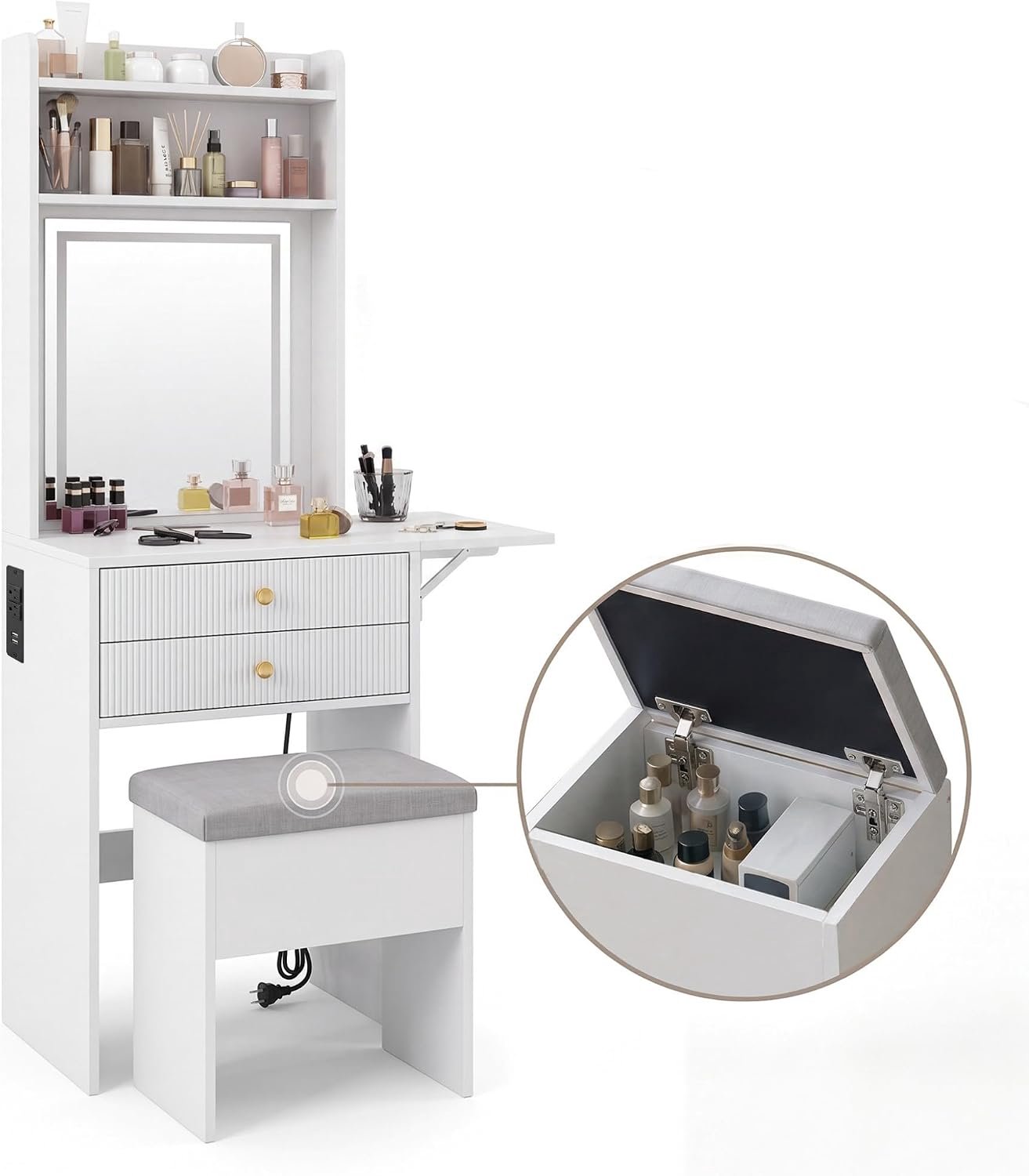 LED-kaptafel met verlichte spiegel, lades en kruk – Moderne kaptafel met opbergruimte voor kleine slaapkamers – Wit 50 x 45 x 153 cm