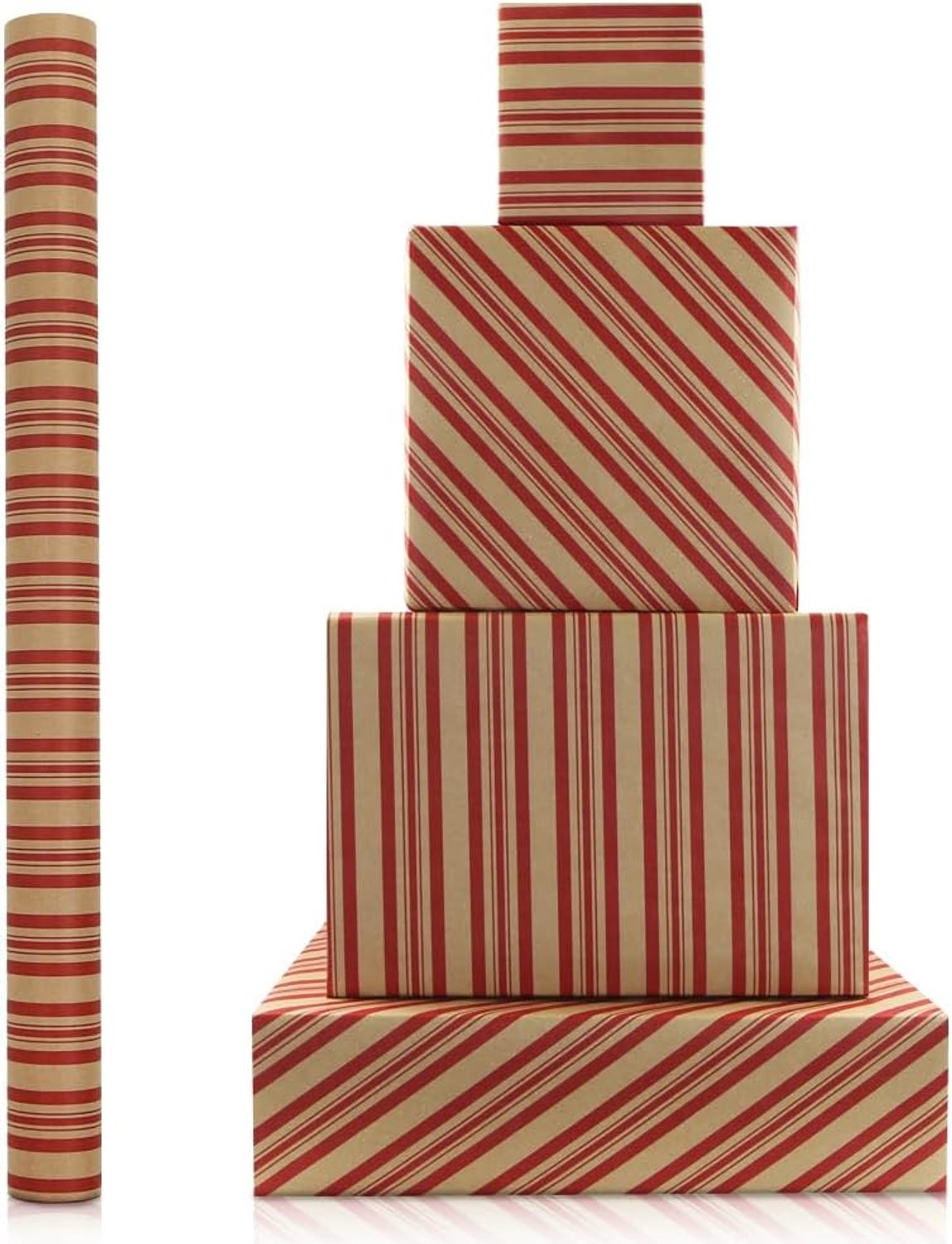 Kraftpapierrol kerstpapier 43 x 300 cm - vintage gestreept - klassiek rood snoeprietstreepontwerp - Vemera