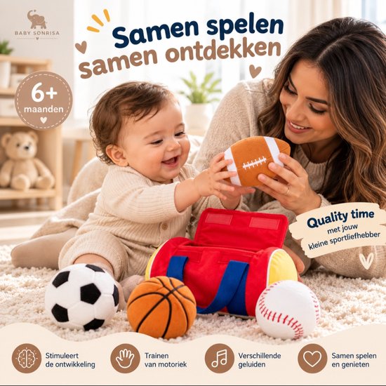 Mini Baby Speelgoed - Sporttas met 4 Zachte Sportballen – Mijn Eerste Sporttas – Motoriek – Speelgoed - Motoriek - Vanaf 6 Maanden - Speelgoed Jongen 1 Jaar van Baby Sonrisa — afbeelding 4