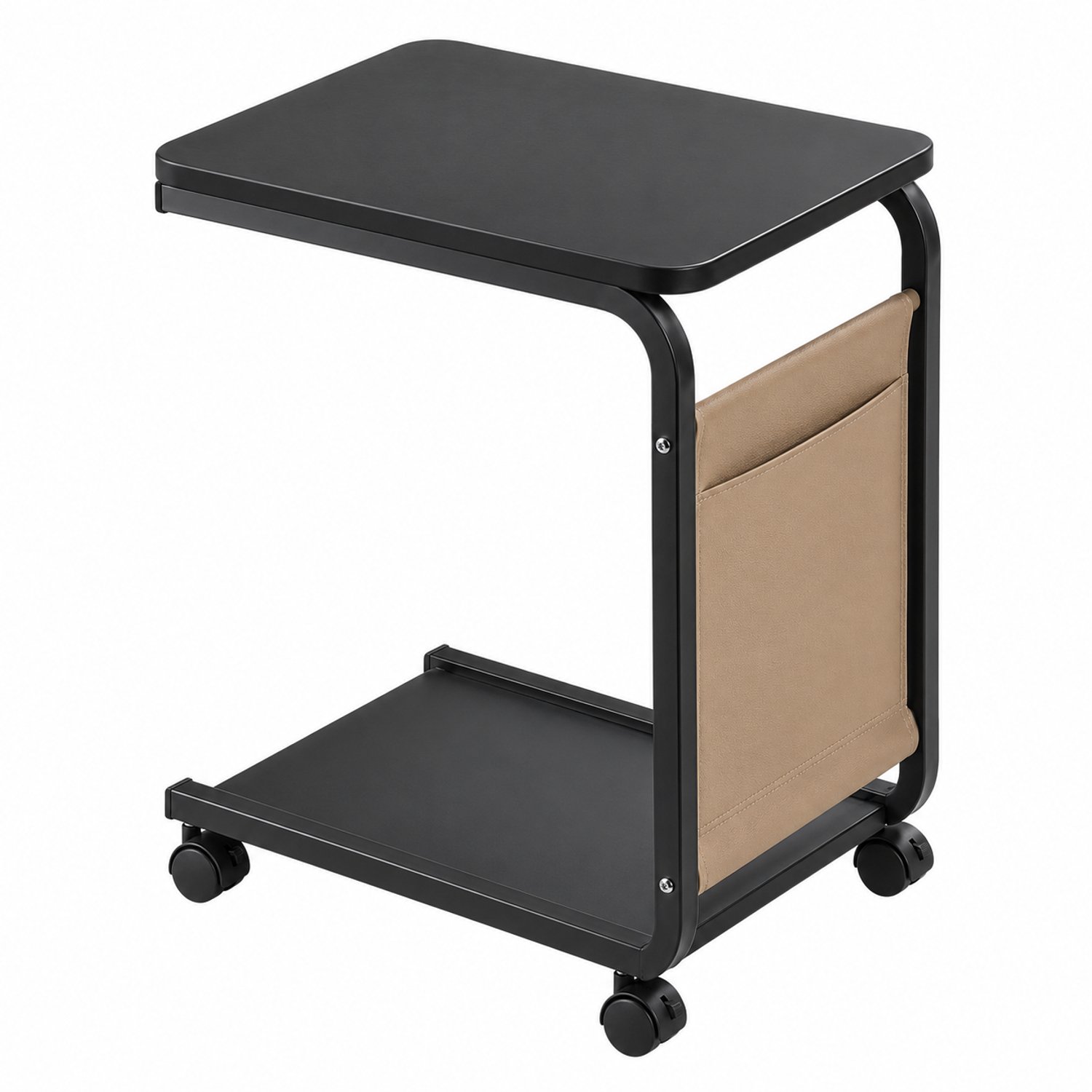 MokoHub Rollende Bijzettafel met Opbergtas - Massief Hout - C-Vormig - Metalen Frame - Bank - 35x28x63 cm - Zwart