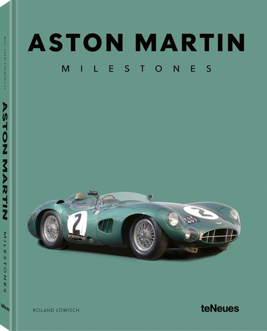Groene hardcover 'Aston Martin Milestones' met een klassieke groene Aston Martin racewagen op de cover.