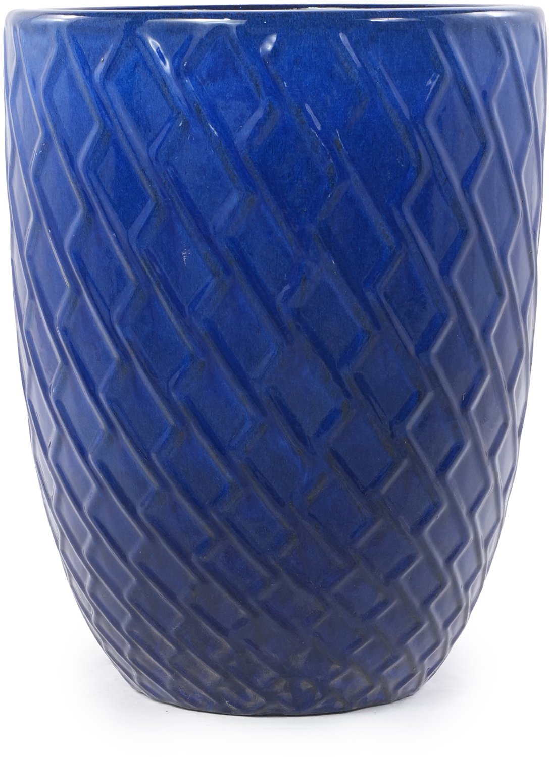 SONNENH Keramische bloempot - Ø 42 cm - 54 cm hoog - Diepblauw ruitreliëf - Met afwateringsgat