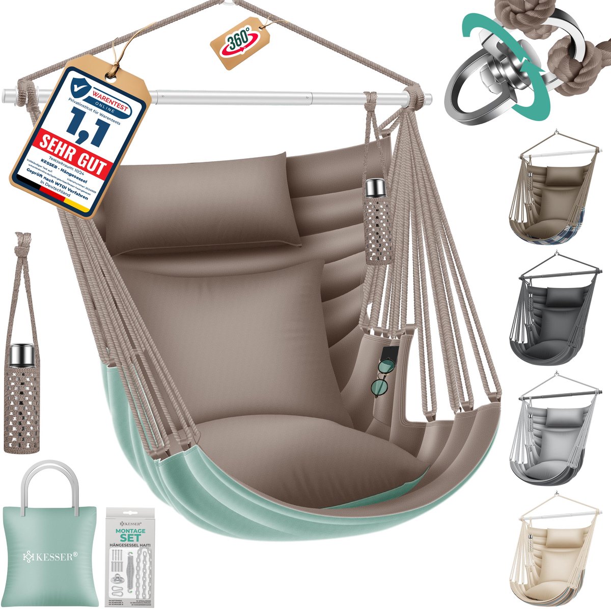 KESSER® Hangstoel Haiti - 360° draaibaar - 150 kg draagvermogen - Incl. 2 kussens - Cappuccino