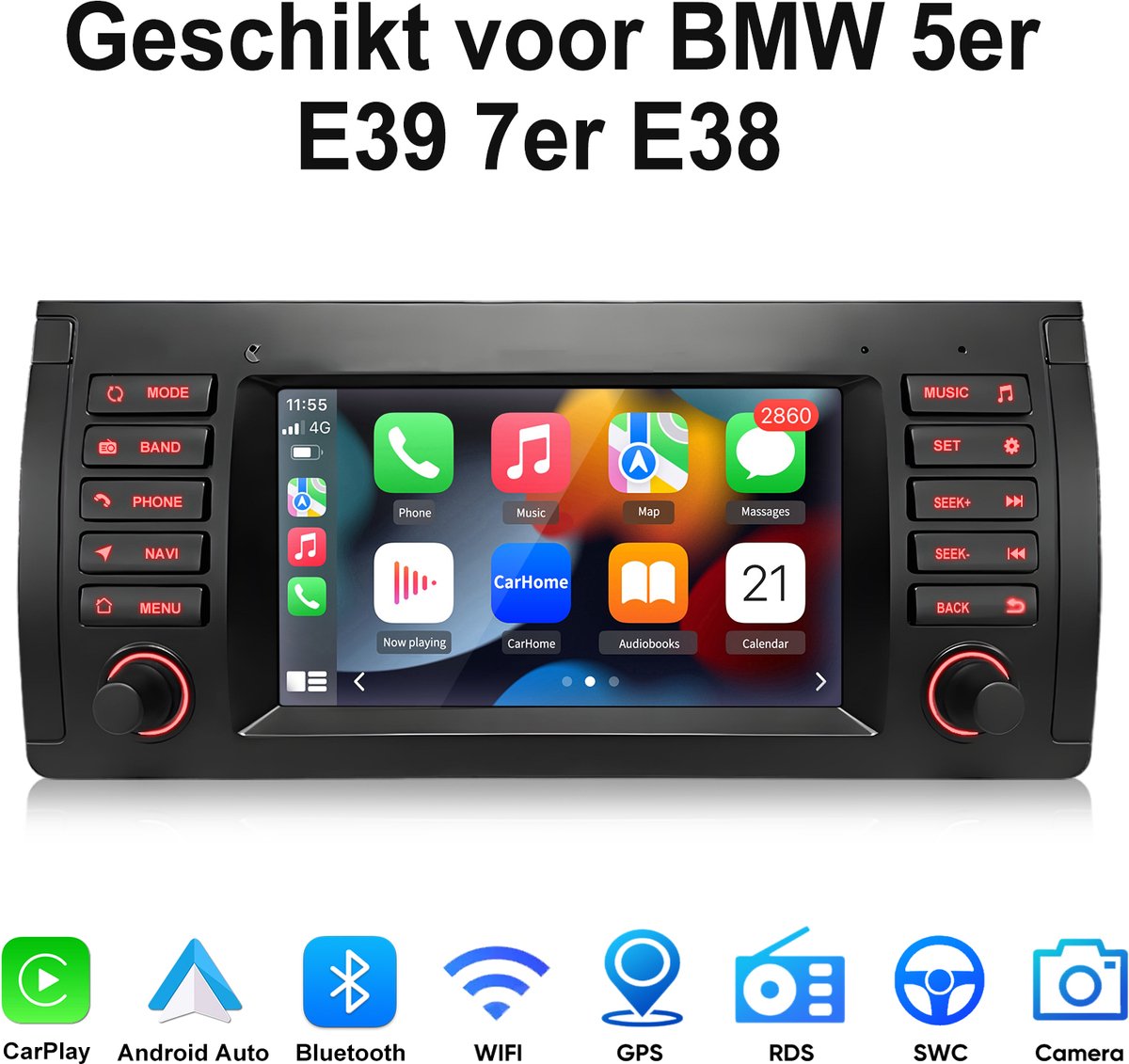 Junsun Android 15 Autoradio Geschikt voor BMW 5er E39 7er E38 - Draadloos Carplay & Android Auto & Achteruitrijcamera - GPS-navigatiesysteem - Stuurwielbediening - Bluetooth - 7 Inch IPS TouchScreen - Wifi - RDS - USB