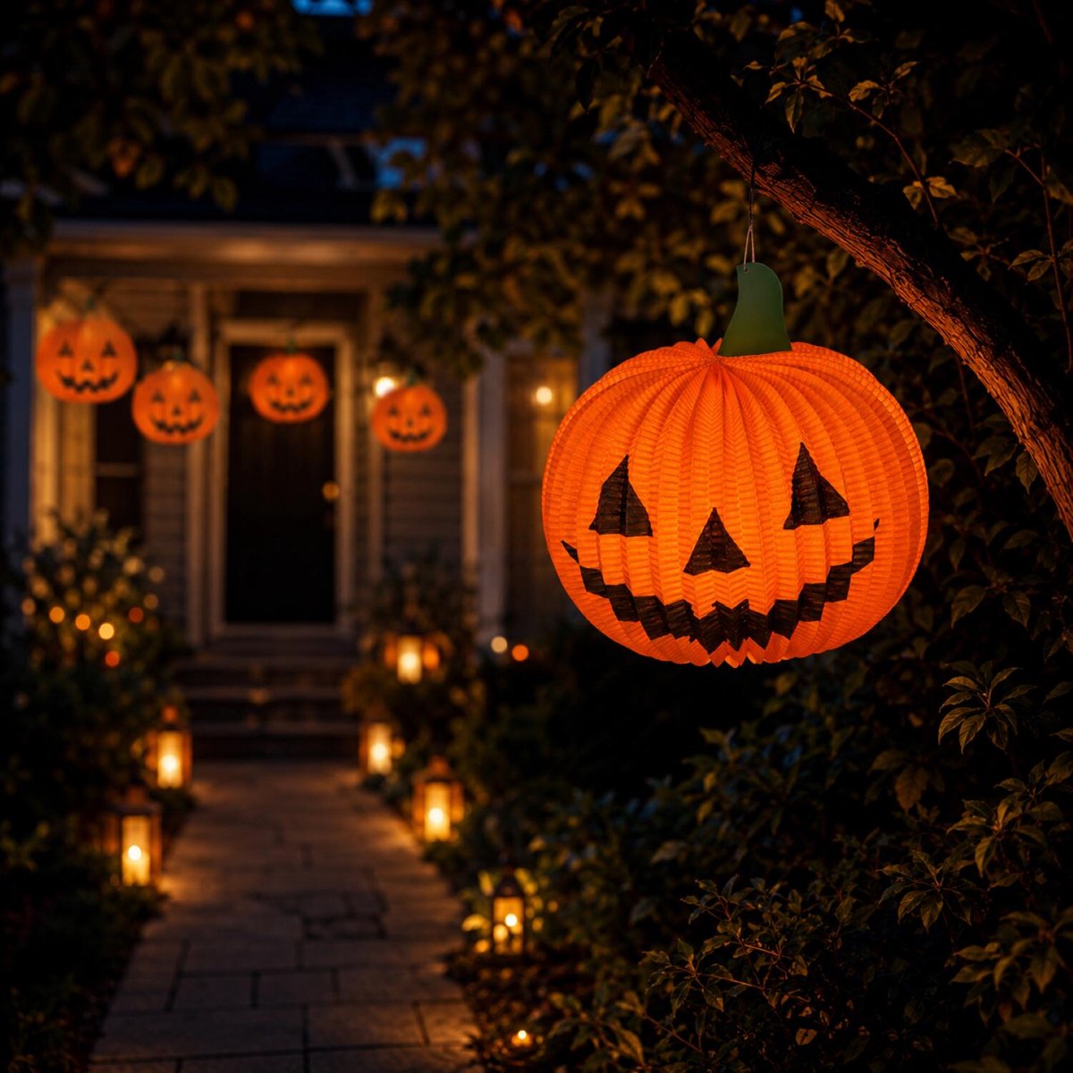 Arti Casa Pompoen Lantaarn - Halloween Decoratie - Diameter 25 cm - Gemaakt van Papier en Polyester - Geschikt voor Gebruik Binnen en Buiten - Oranje met Zwart Gezicht - Sfeervolle Herfstverlichting — cadeau in Wonen & Interieur - foto 5