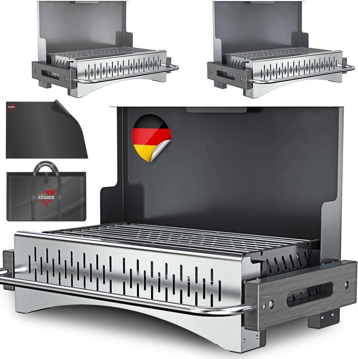 KESSER® Klapgrill - draagbare houtskoolgrill van gepoedercoat staal - met grillmat en draagtas - antraciet