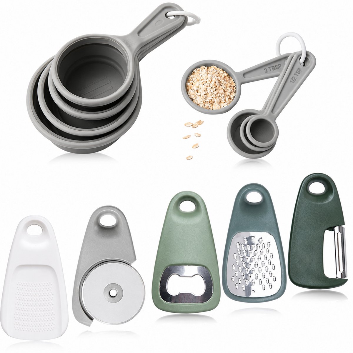 13-delige Opvouwbare Maatbekers & Maatlepels Set met Keukengerei - BPA-vrij & Ophangbaar - Keukengereedschap - Voor Kamperen en Campers - SOLLBRY®