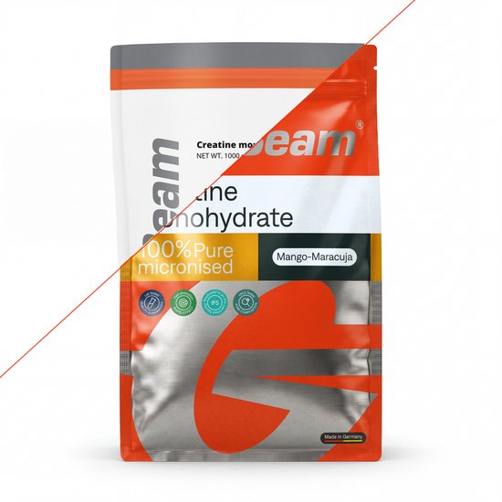 Een GymBeam Creatine Monohydraat zak met Mango-Maracuja smaak, met logo en certificeringen.