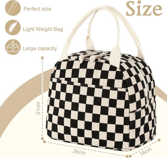 Tas-Picknicktas-Luxe Geïsoleerde Lunchtas - Zwart-wit Geblokt - Koeltasje voor Dames en Heren - Thermische Lunch Bag voor Werk en Picknick - Vershoudtas - 25.4x19x19 cm — afbeelding 4