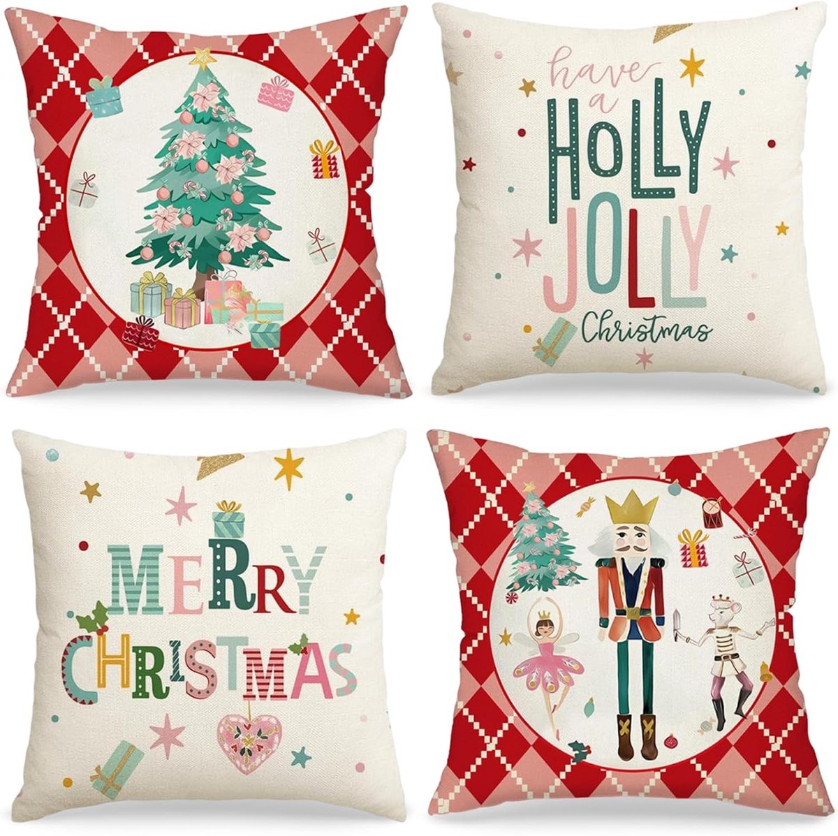 Set van 4 Kerst Kussenhoezen 45 x 45 cm met Notenkraker Motief - Decoratieve Kussens voor Kerstmis, Feestelijke Woondecoratie en Gezellige Sfeer
