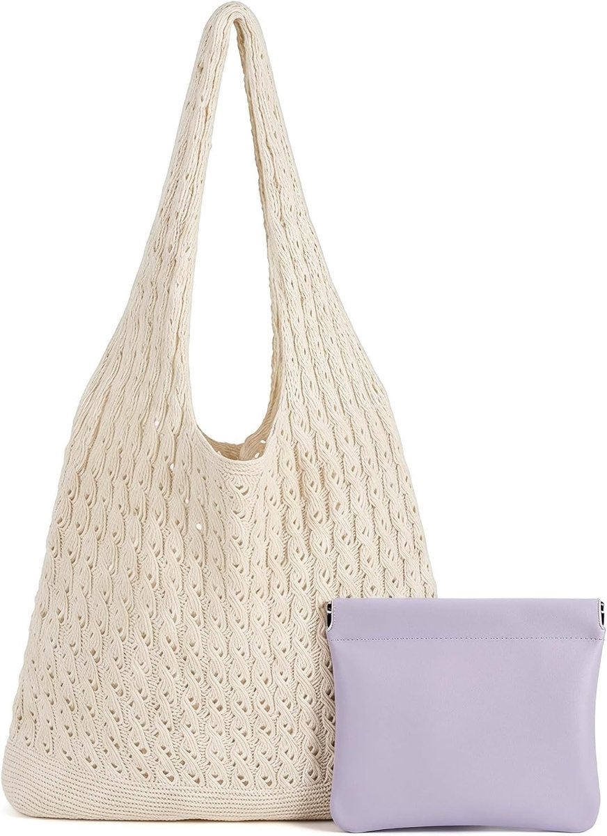 Set van 2 Beige Gehaakte Tassen en Make-uptassen, Ideaal als Strandtas, Boho Stijl, Perfect voor Dagelijks Gebruik en Vakantie Shopping