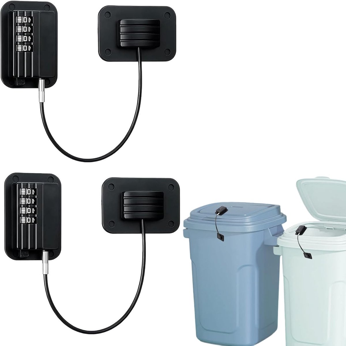 Set van 2 Code Sloten, Veelzijdig 4-Cijferig Slot met Lijm en RVS Koord, Voor Afvalbakken, Ramen, Kasten en Koelkasten, Diefstalbeveiliging en Kinderbeveiliging