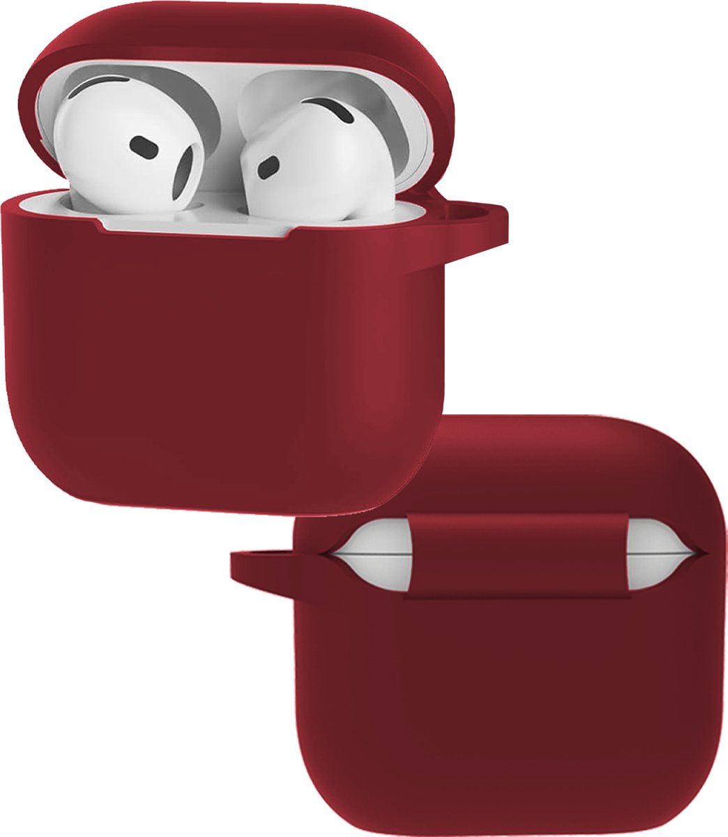 Hoes - Geschikt voor Apple AirPods 5 - Siliconen Hoesje met Clip - Silicone Case Cover - Donkerrood