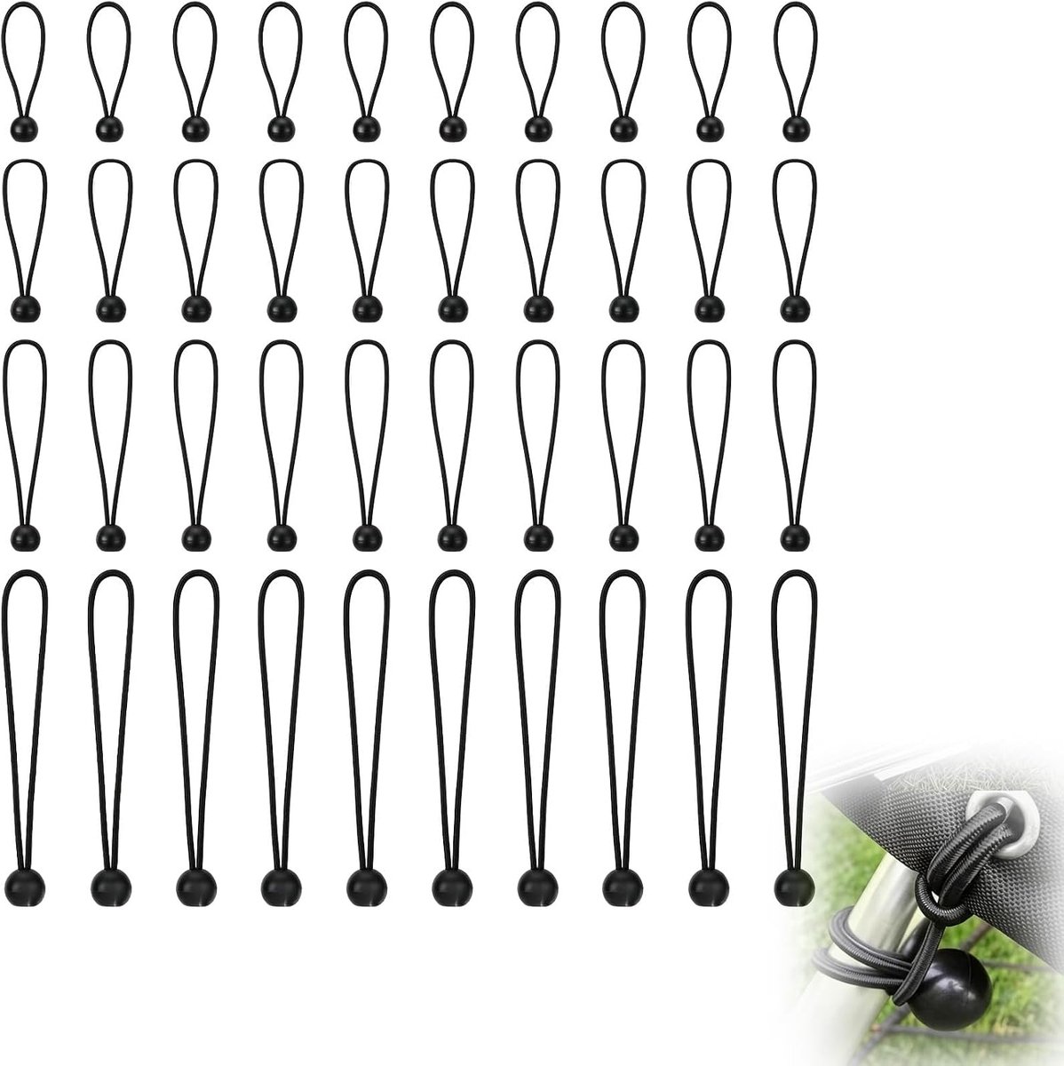 40-delige spanningsrubber met kogelset, elastische bal bungee's in 10/15/20/30 cm, 4 mm rubber, UV- en weerbestendig, voor campingtent, vliegtuig, paviljoen, banner en trampoline