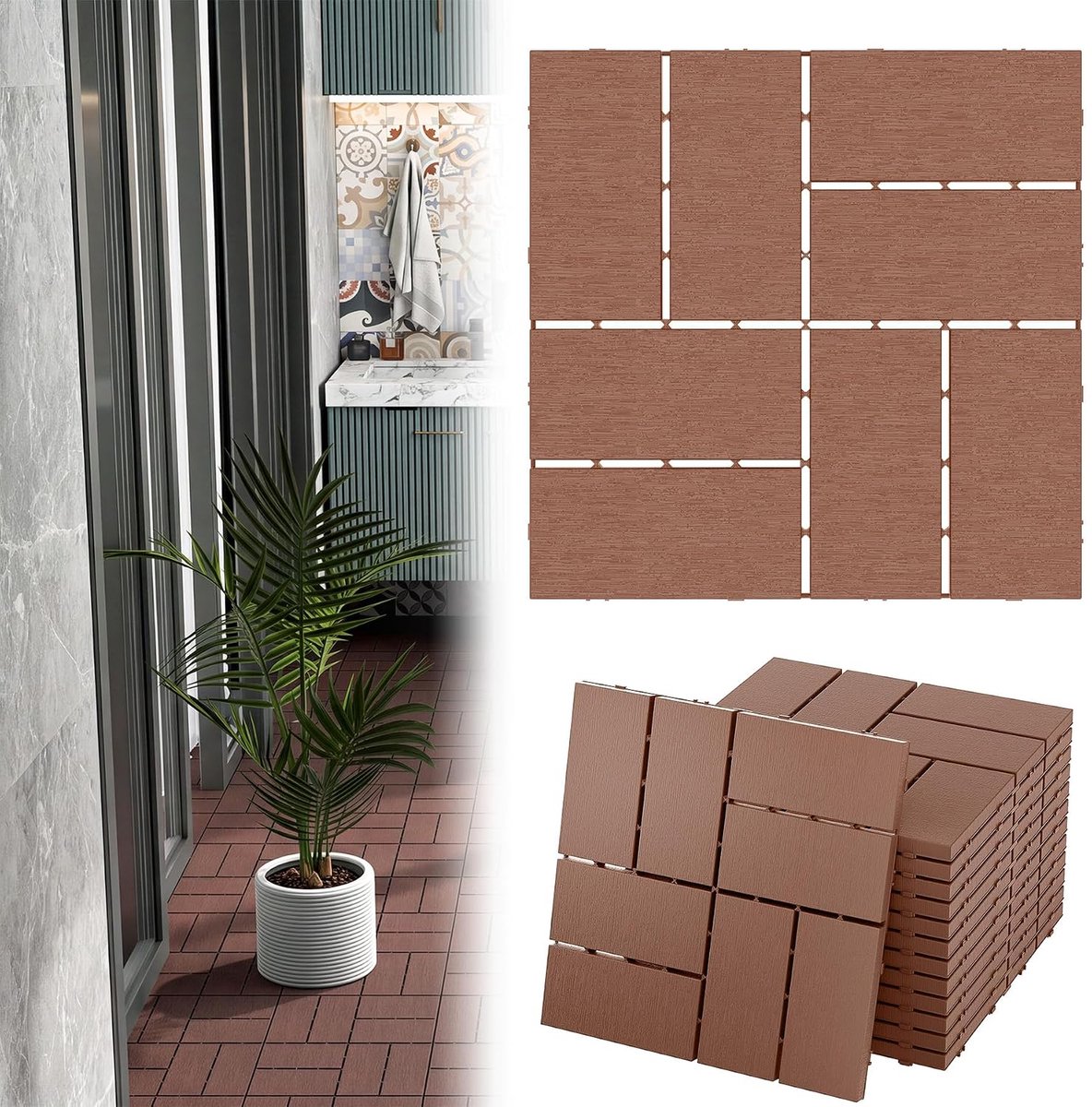 Terrastegels, 30 x 30 cm, balkontegels, bruin, 33 stuks, type B