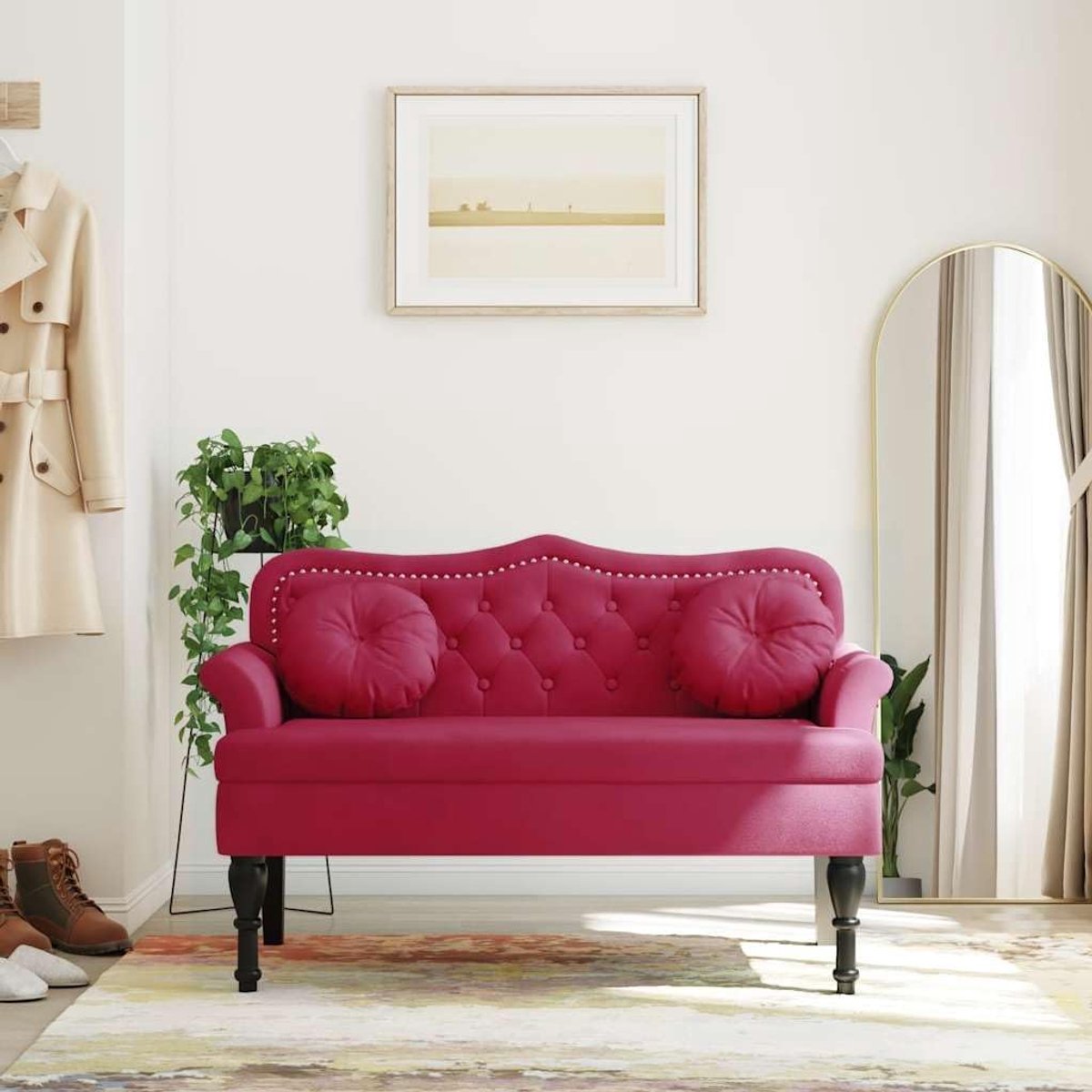 Zitgroep met fluwelen bekleding en kussens in wijnrood, 120,5 x 65 x 75 cm, comfortabele zitbank met houten poten en gevoerde zitting voor woonkamer of kantoor
