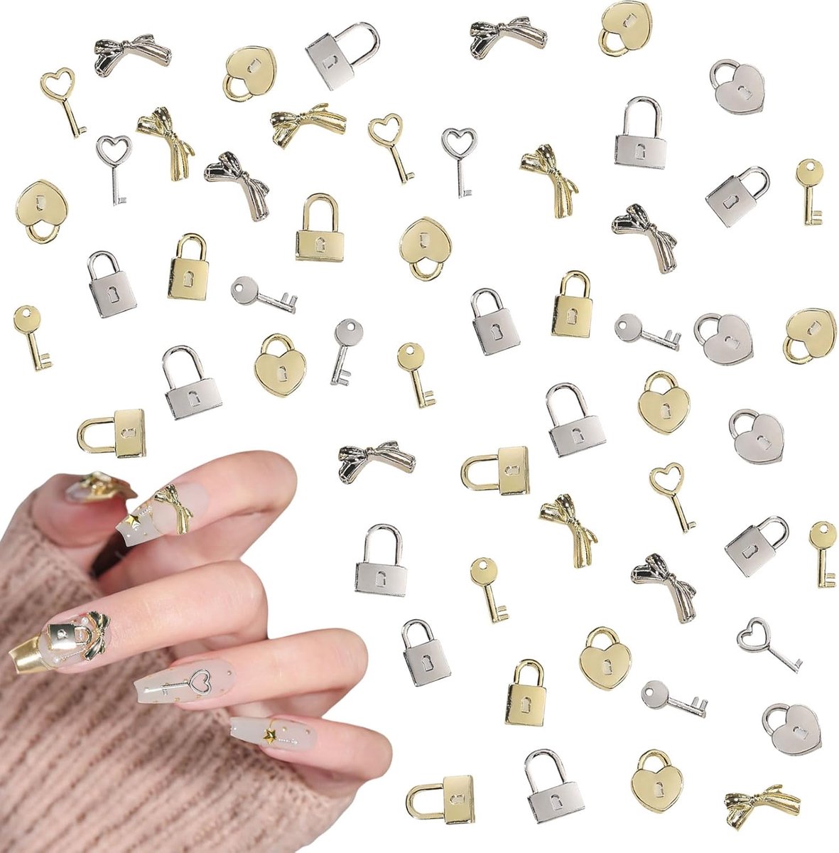 3D Nail Charms,60 Pcs Lock Key Arch Shape Nail Gems and Charms,Gold Silver Metal Alloy Nail Art Charms for Manicure - ShopVlot