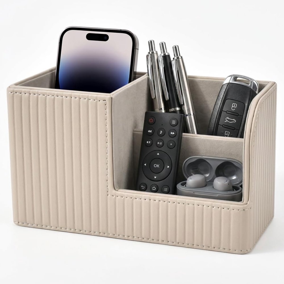 Bruine gestreepte opbergdoos, bureauorganizer, PU-lederen pennenhouder met 3 vakken, elegante pennenorganizer met - ShopVlot