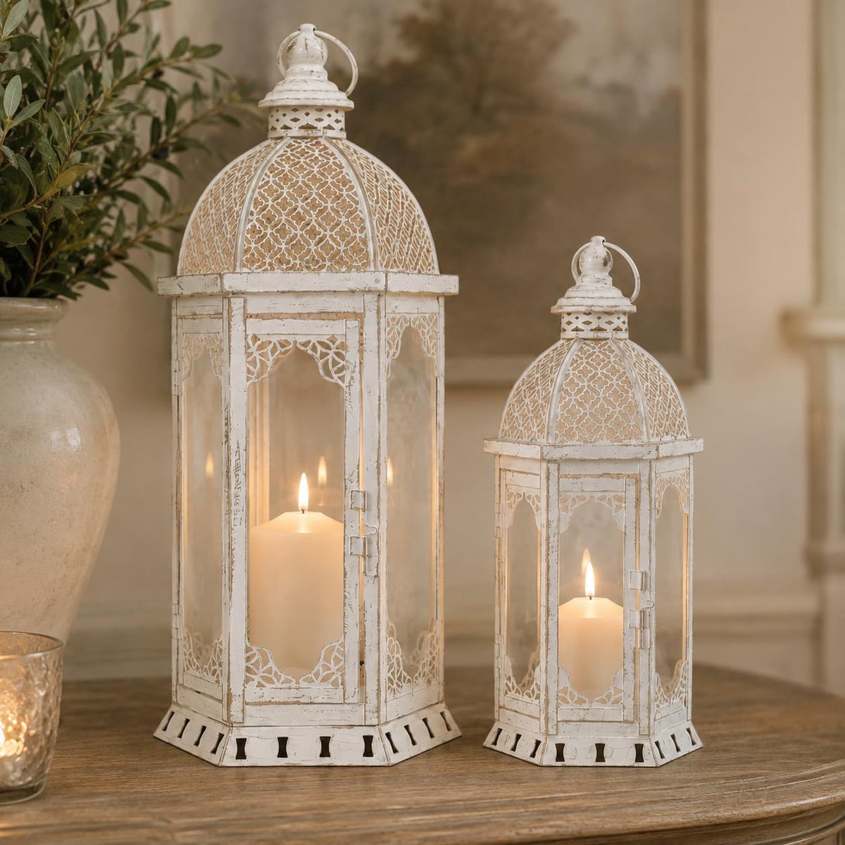 JHY DESIGN Set of 2 Decorative Candle Lanterns 56cm&43cm H Outdoor Vintage Metal Candle Holder for Garden Living Room - ShopVlot