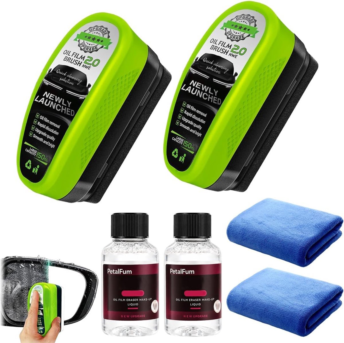 Oliefolie reinigingsborstel, 2 stuks voorruitreiniger190ML en 2 navulflesjes van 60 ml, olieafstotende folie voor - ShopVlot