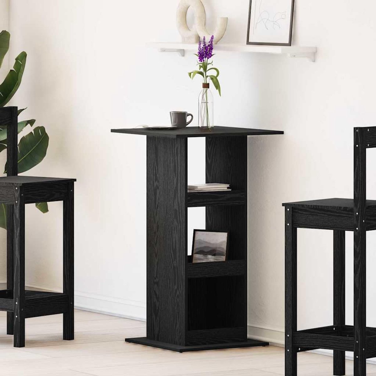 Zwart eiken-look, 60 x 60 x 100 cm, houtmateriaal met plank, moderne hoge tafel voor eetkamer en urban woningen, stabiele tafel met gestructureerd oppervlak