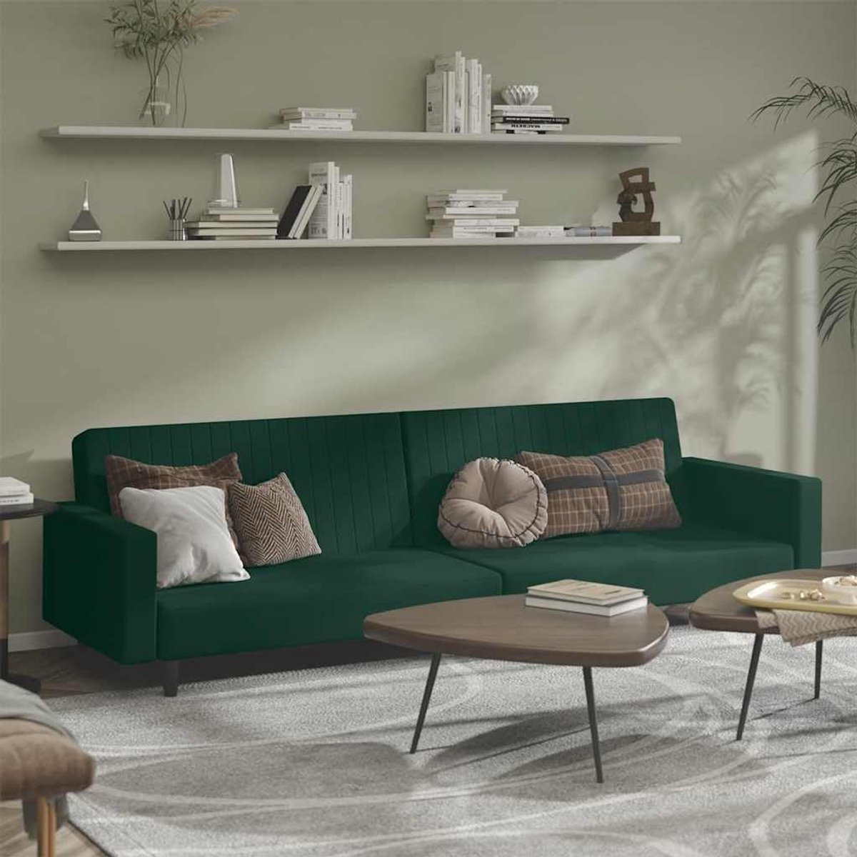 2-zits donkergroen fluweel dagbed relaxstoel met robuuste houten lijst en zachte fluwelen bekleding voor woonkamer en kantoor
