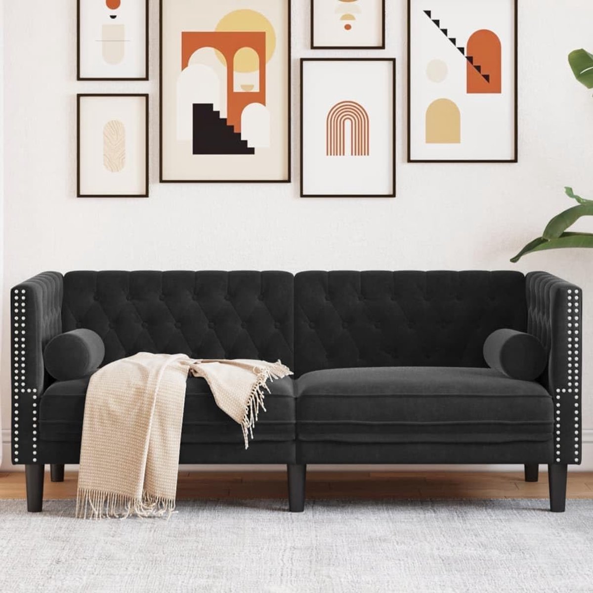 Chesterfield-bank met nekrollen, 2-zits, zwart, fluweel, comfortabel zitmeubel met klassiek design en gevoerde oppervlakken