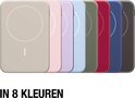 Draadloze powerbanks in 8 kleuren: beige, roze, paars, lichtblauw, groen, rood, donkerblauw, grijs.