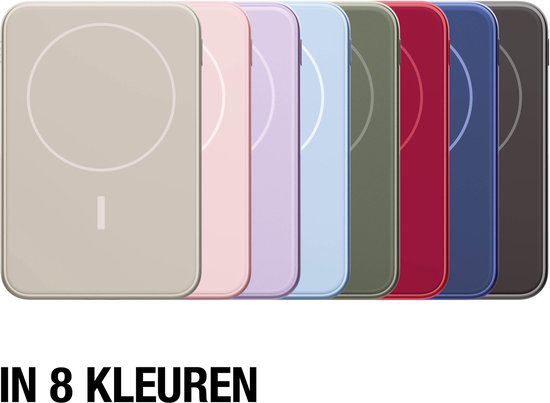 Draadloze powerbanks in 8 kleuren: beige, roze, paars, lichtblauw, groen, rood, donkerblauw, grijs.