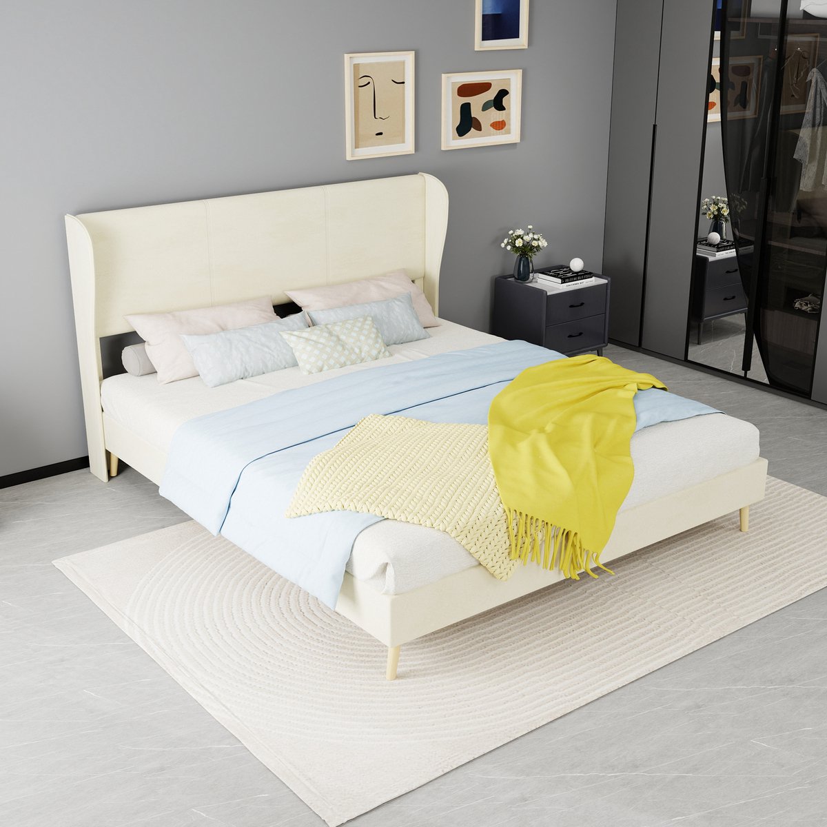 WUVRIE Gestoffeerd bedframe 160x200 cm met hoog hoofdbord en lattenbodem, beige