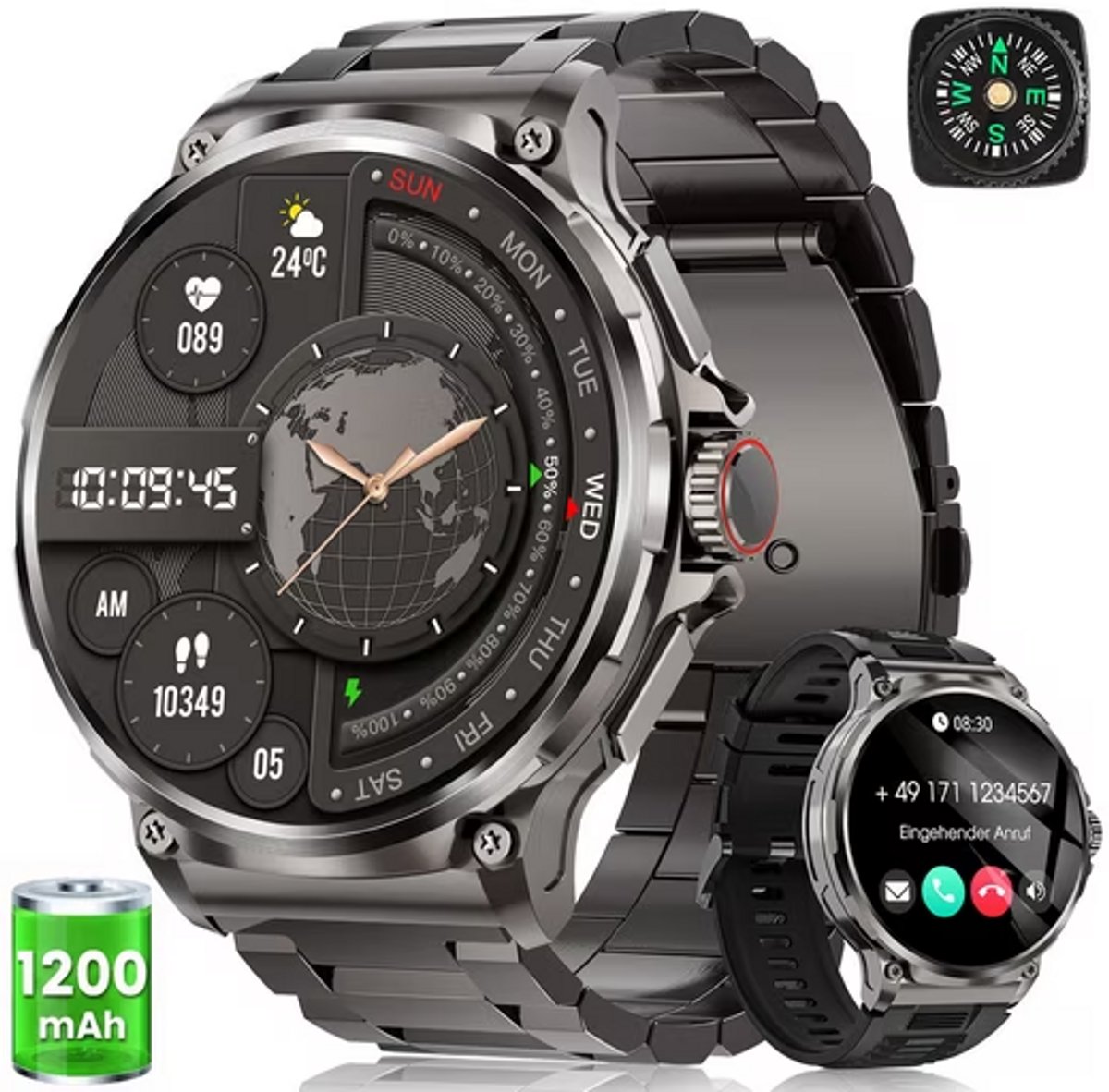 FOSMET Smartwatch Heren - 1200mAh accu - Smartwatch Heren Militair Kwaliteit - 60 dagen standby - Rugged Horloge Heren - Stappenteller - Hartslagmeter - Slaapmonitor - Belfunctie - Kompas - Waterdicht - Sport Horloge - Geschikt voor Android en iOS