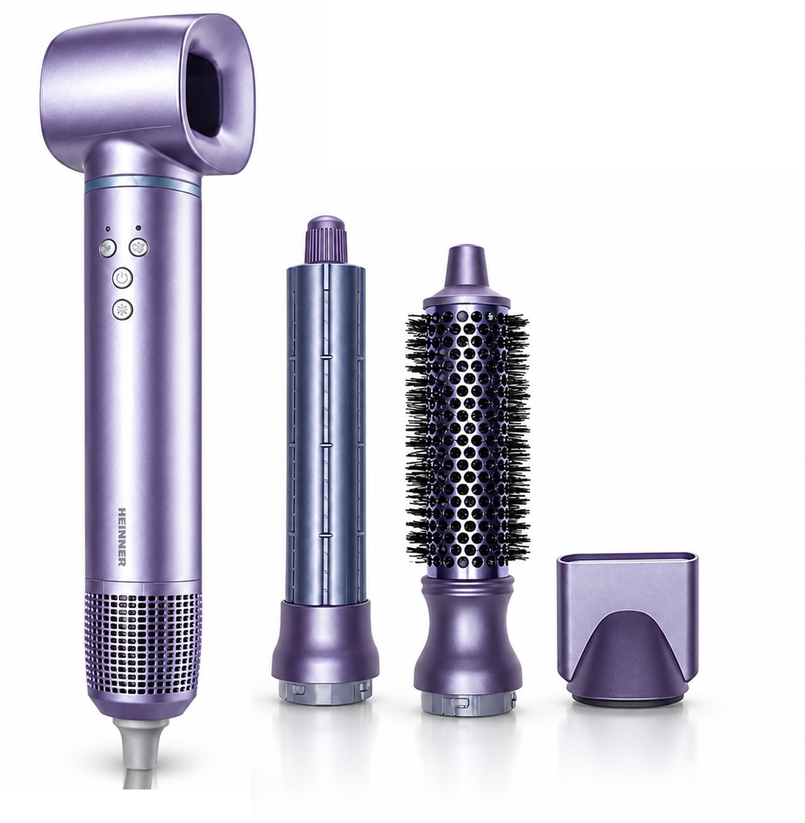 Heinner Professionele 4-in-1 Airstyler – 1300 W BLDC-motor – Heat Balance – 3 Snelheidsstanden – 4 Temperatuurstanden – Ionische Functie – 4 Opzetstukken – Paars