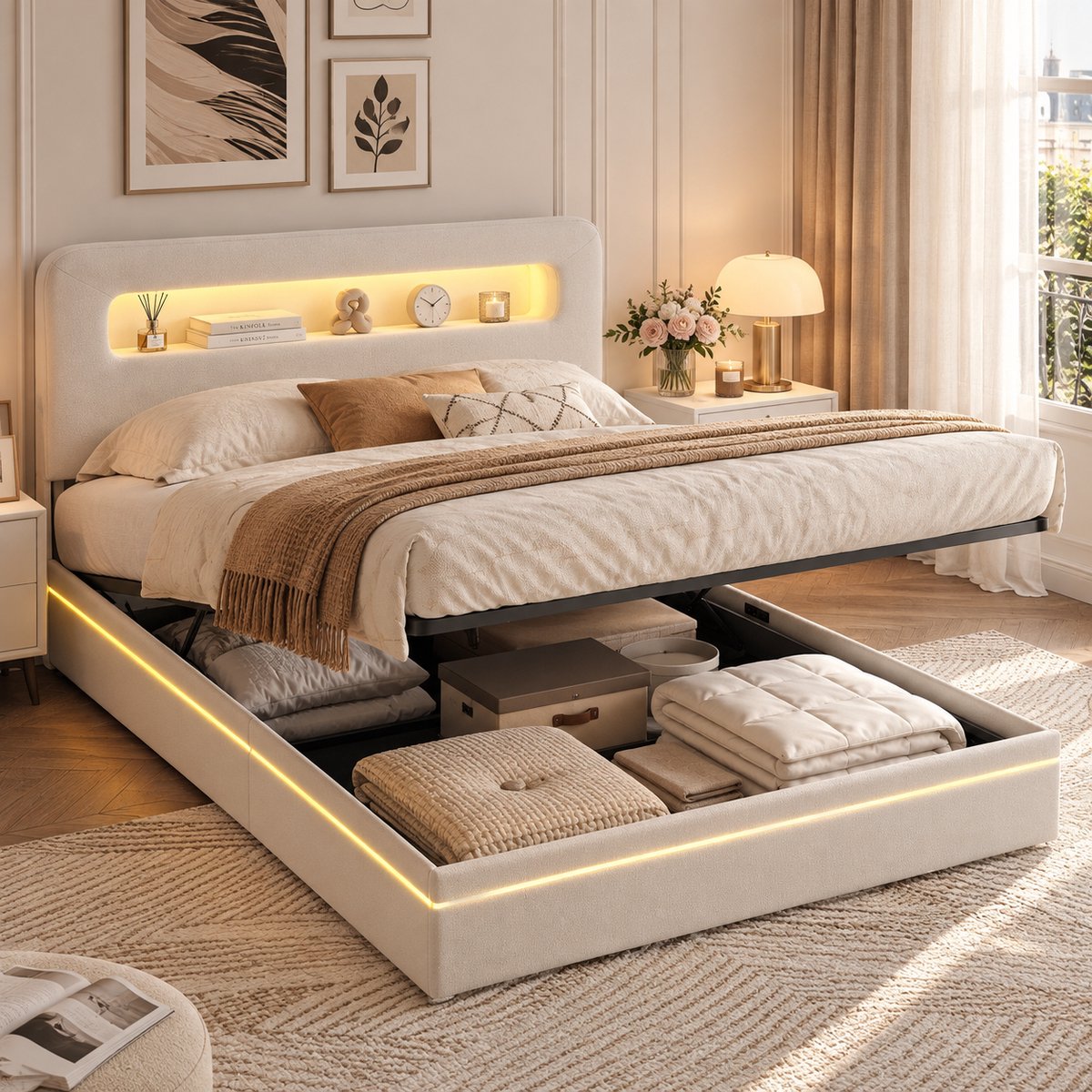 MEXUS Opbergbed 160x200 cm met ledverlichting, bedframe met lattenbodem en opbergruimte, gestoffeerd hoofdbord met open planken, Tweepersoonsbed voor volwassenen en tieners, fluweel Beige
