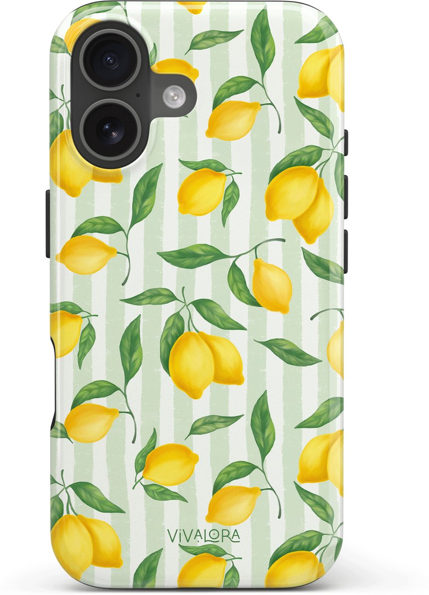 VivaLora Tough Telefoonhoesje iPhone 17 met MagSafe - Citrus Stripes Print - 2-in-1 Phone Case - Hard Case & Siliconen Back - Citroenen Dessin - Extra Bescherming - Shockproof - Geel/Groen