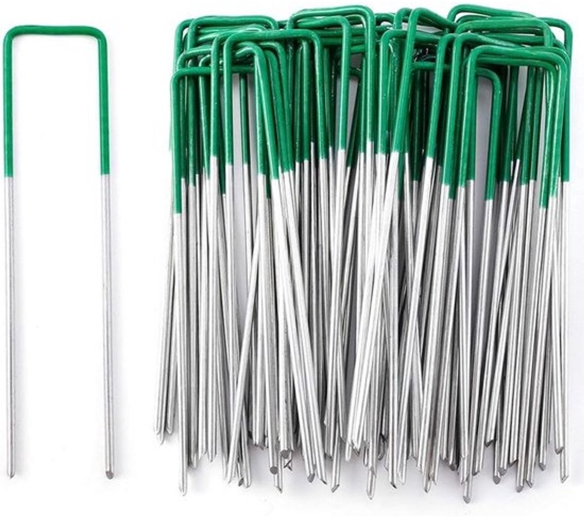 Kunstgraspinnen - Metalen haringen - Voor het vastzetten in de tuin - Herbruikbaar en stevig - 15 cm lang - Groen gedompeld