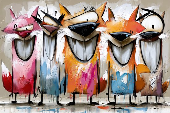 Vijf vrolijke, lachende vossen met dikke, witte tanden, geschilderd in abstracte, kleurrijke stijl met oranje, roze en blauwe accenten.
