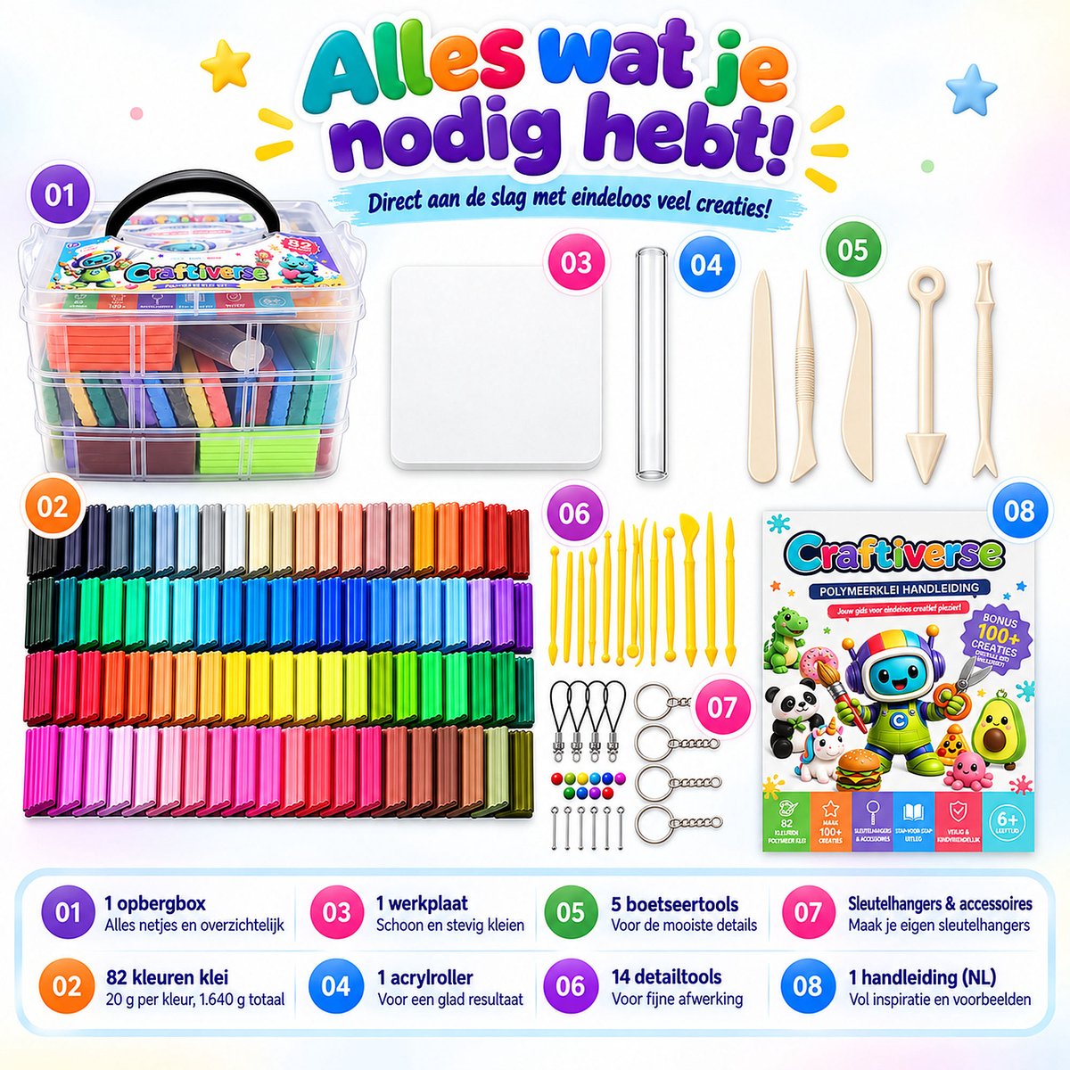 Craftiverse Polymeer Klei Set – 82 Kleuren 82x20g – Complete Knutselset voor Kinderen – Ovenhardende Boetseerklei met Accessoires & Handleiding - Fimo Alternatief — afbeelding 7
