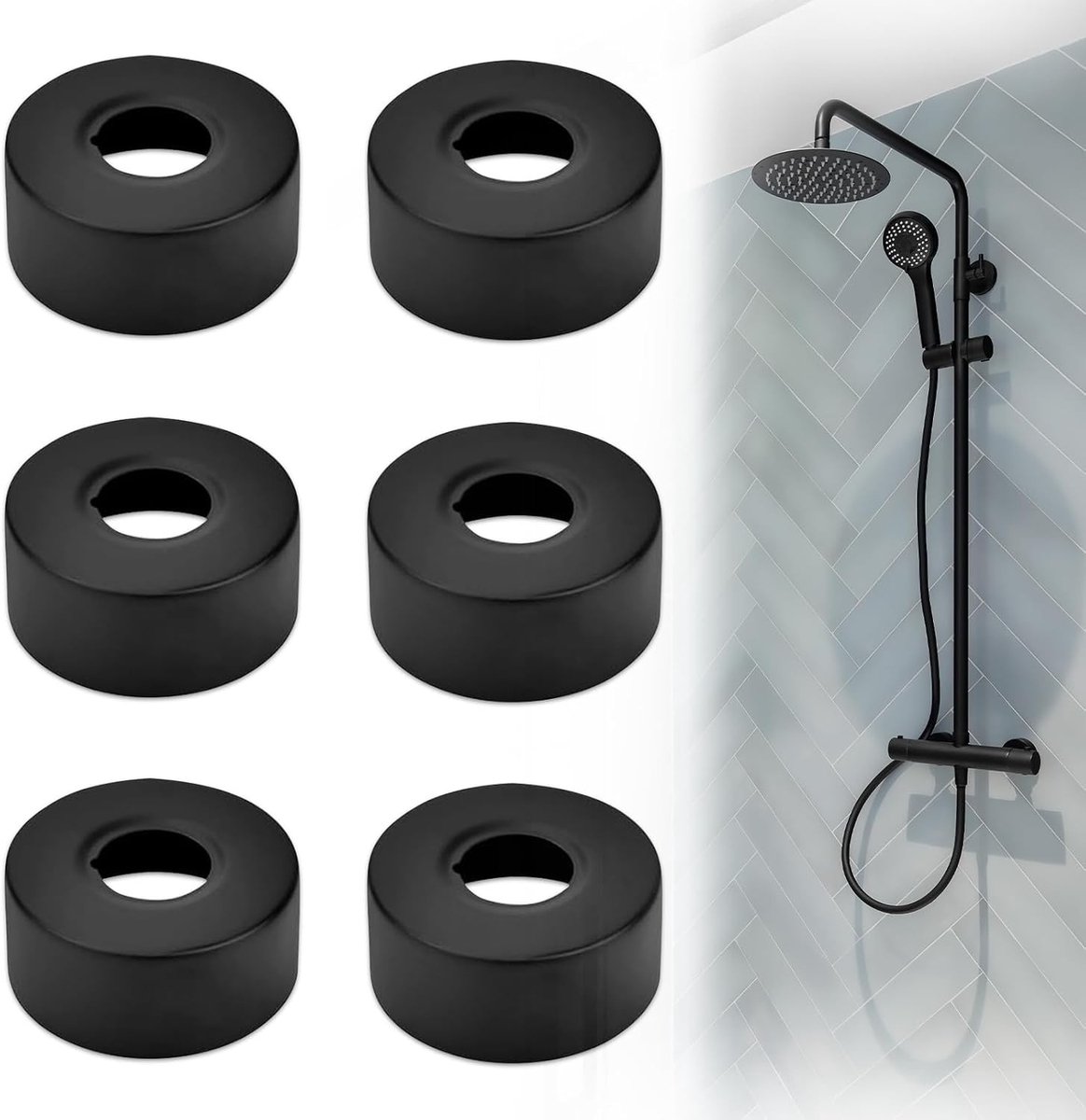 Set van 6 Ronde Roestvrijstalen Afdekkappen voor Verwarmingsbuizen - Zwarte Rosetten voor Badkamer, Douche en Radiator (25mm)