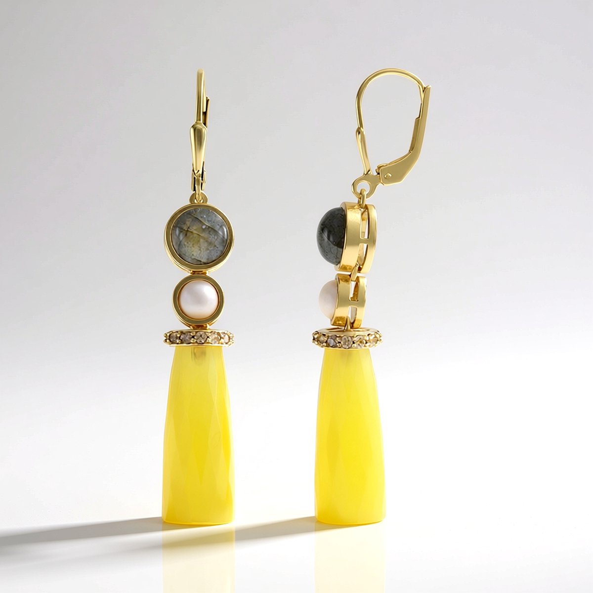 Cavill - Verguld 925 Sterling Zilver Oorbellen - Fancy Geslepen Gele Chalcedoon 17,1 ct - Gouden Labradoriet & Zoetwaterparels - Luxe Sieraden