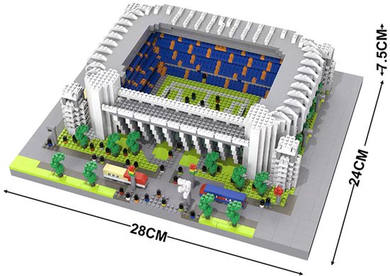 Model van het Bernabéu Stadion met afmetingen van 28 cm bij 24 cm bij 7,5 cm aangegeven in een diagram.