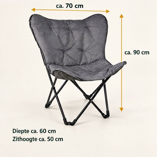 Cheqo® Vlinderstoel - Campingstoel Opvouwbaar - Butterfly Chair - Klapstoel - Vouwstoel - Kampeerstoel - Relaxstoel - Loungestoel - Tuinstoel - Festivalstoel - Strandstoel - Balkonstoel - voor Volwassenen - Draagbaar - Grijs - Inclusief Draagtas — afbeelding 3