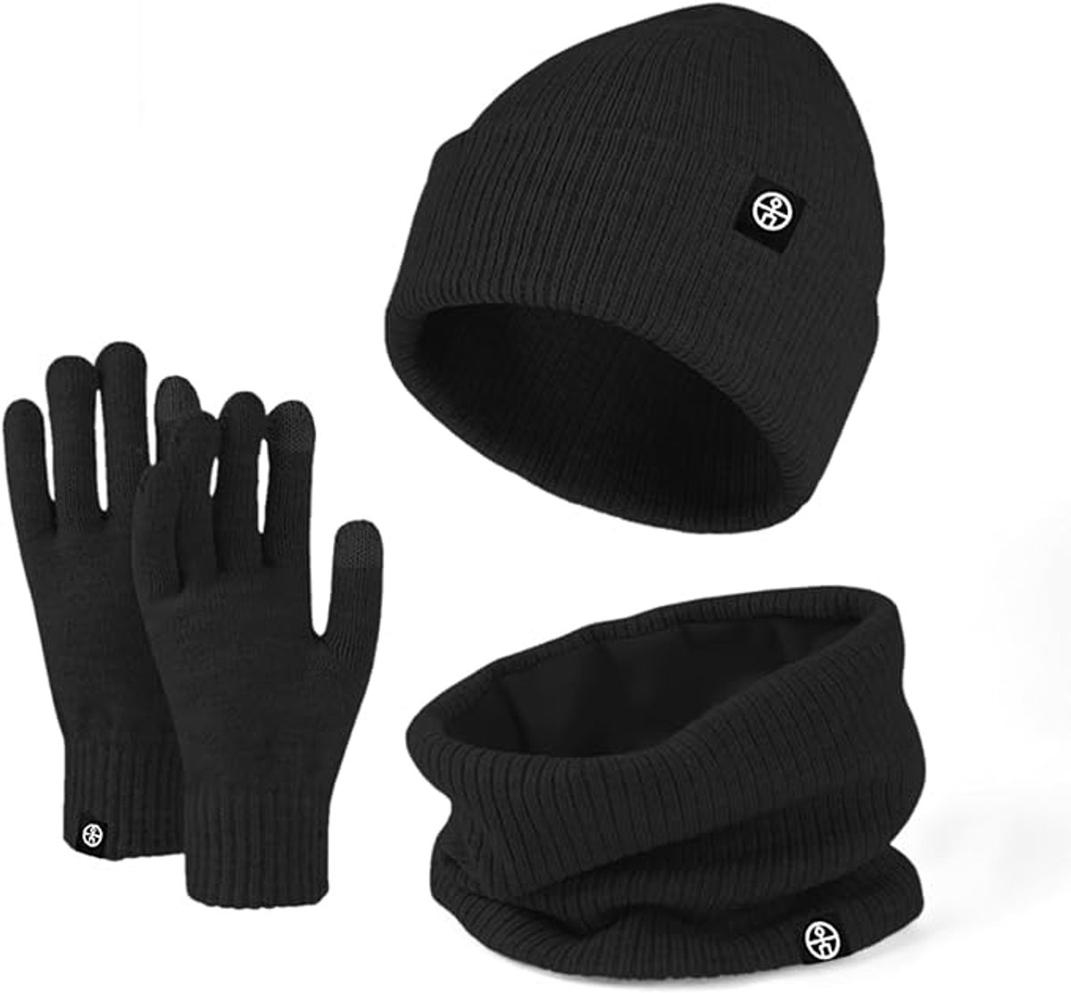 3-in-1 Gebreide mutsset – Inclusief touchscreen-handschoenen en sjaal – Zachte fleecevoering – Geschikt voor buitensport hardlopen en skiën – Unisex Zwart