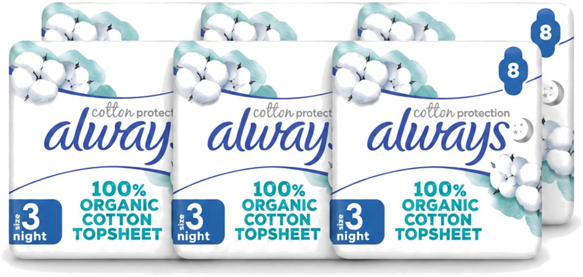 6 x Always - Maandverband - Night - Cotton Protection - Met Vleugels - 8 Maandverband - Voordeelverpakking - 6 stuks
