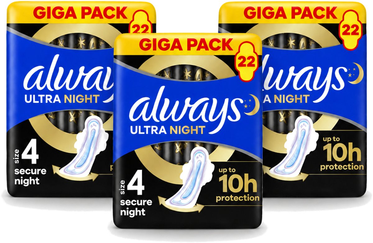 3 x Always – Maandverband – Ultra Secure Night – 22 stuks - Voordeelverpakking - 3 stuks
