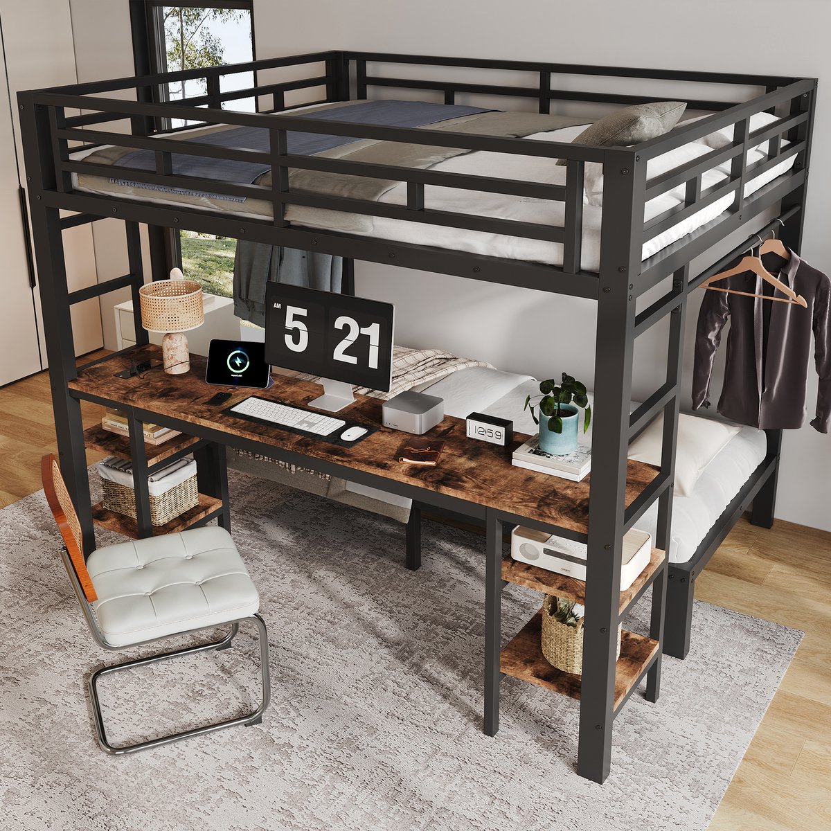 MIVRAY Stapelbed 140x200 en 90x200 cm - Met Bureau, Kledingstang en Laadpunt - Vintage - Metaal en Hout - Zwart - Zonder Matras