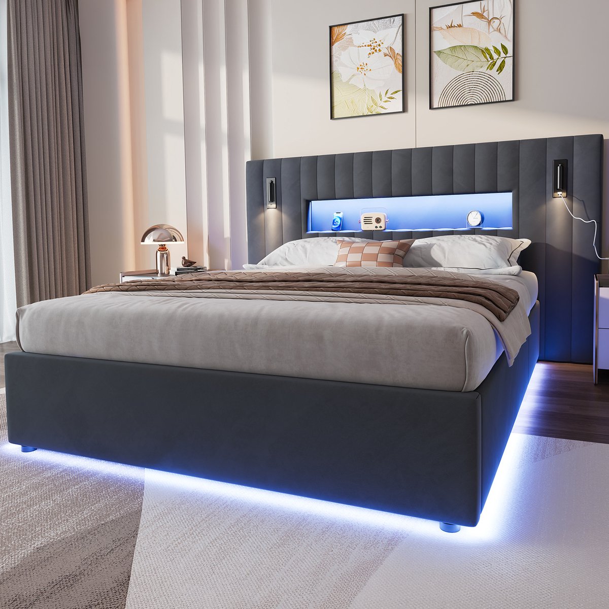 FloraGrace Gestoffeerd Bed 140x200 cm - Hydraulisch Bed Met Verstelbaar Hoofdbord, Leeslamp En USB Oplaadpunt - Met Opbergruimte - Zonder Matras - Donkergrijs