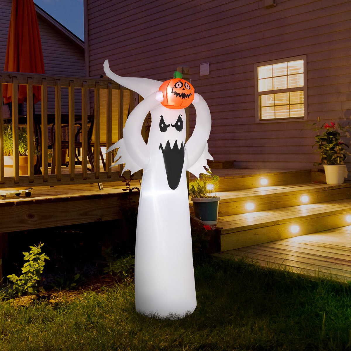 TEKROA® Halloween-opblaasblades Gespenst - 1,8 m Decoratie met LED's - Feestdecoratievoorwerp - 80 x 40 x 180 cm - Wit